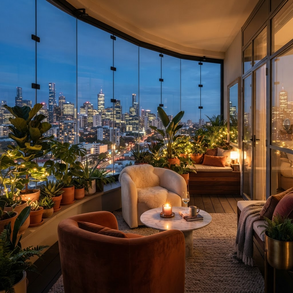Cam balkon iç mekan oturma alanı